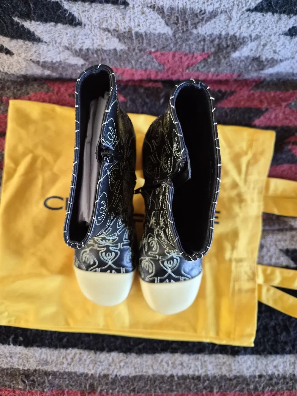 Charlotte Stone Black Embroidered Platform Ankle Boots with Cream Cap Toe